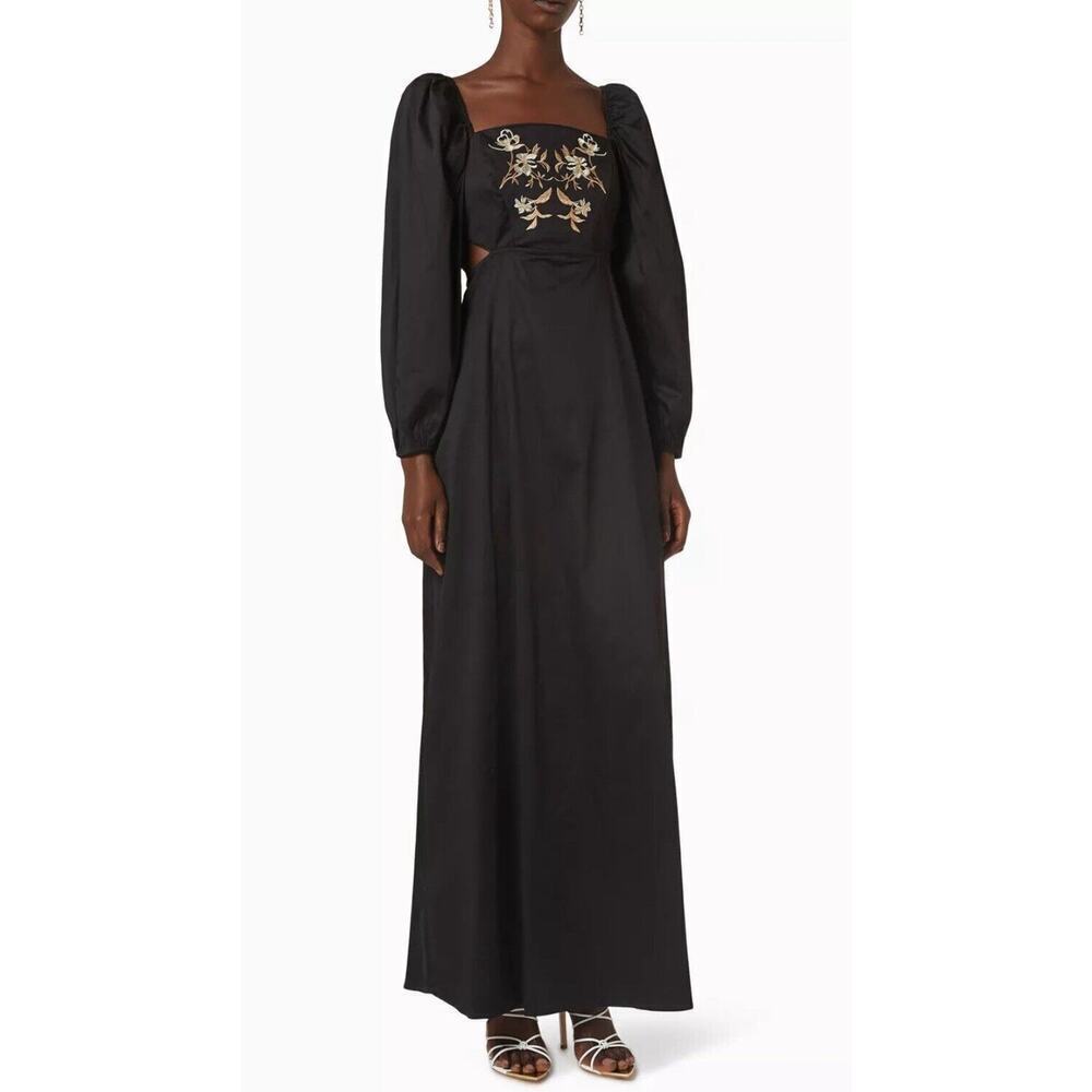 Anthropologie Especia Wallis Black Embroidered Boho Event Maxi Stretch‎ Dress M